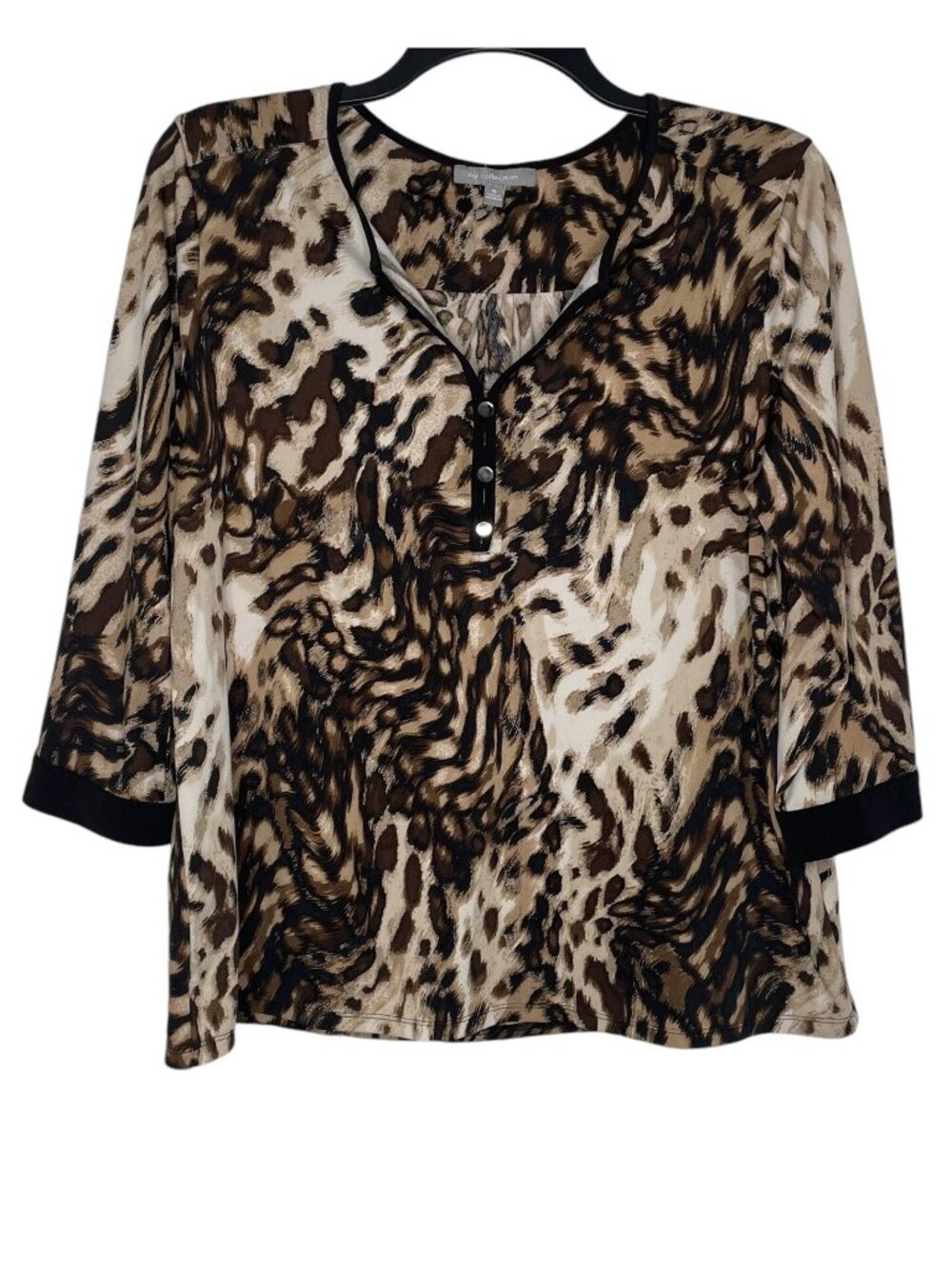 NY Collection Womens Animal Print Blouse Size XL V-Neck 3/4 Sleeves Pullover